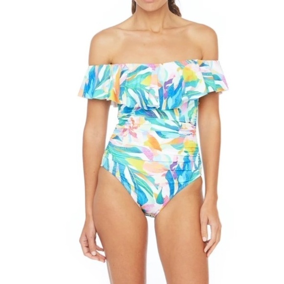 La Blanca Floral Off the Shoulder 4 One Piece Floral Print Swimsuit - Picture 1 of 10